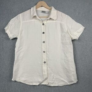 Kiko Shirt Womens Large White 100% Linen Short Sleeve Button Down Top Boho
